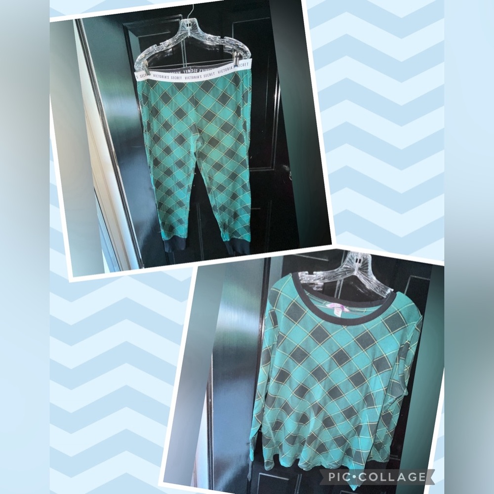 VGUC Victoria’s Secret Green Plaid 2-pc Thermal PJ Set- Size Large